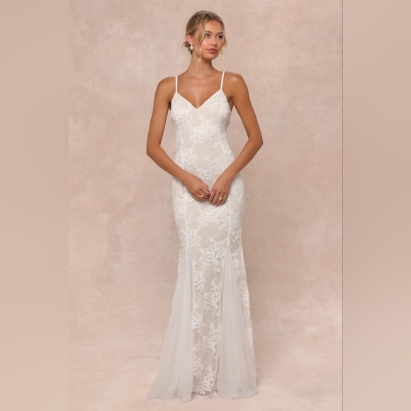 Lulus Immaculate Grace White and Beige Lace Mermaid Maxi Dress Wedding Party - Picture 2 of 10